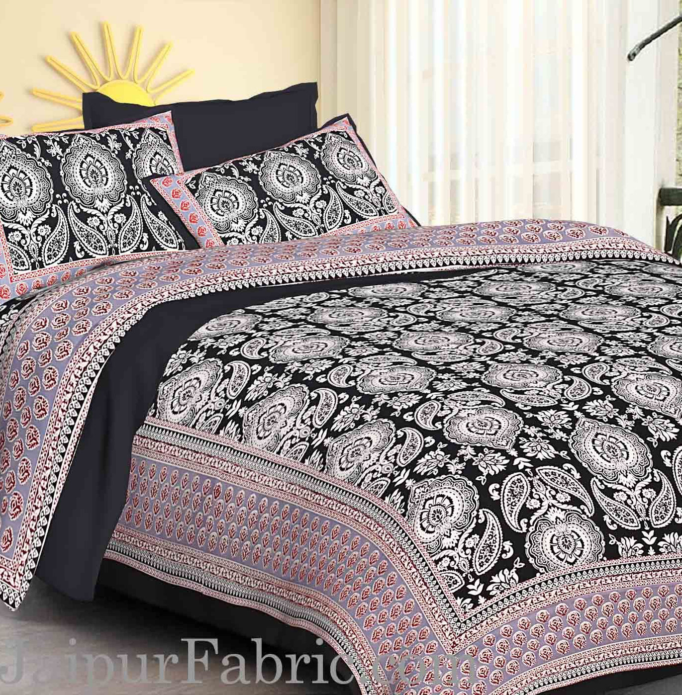 Black  Border Large Booty Print Cotton Double Bed Sheet