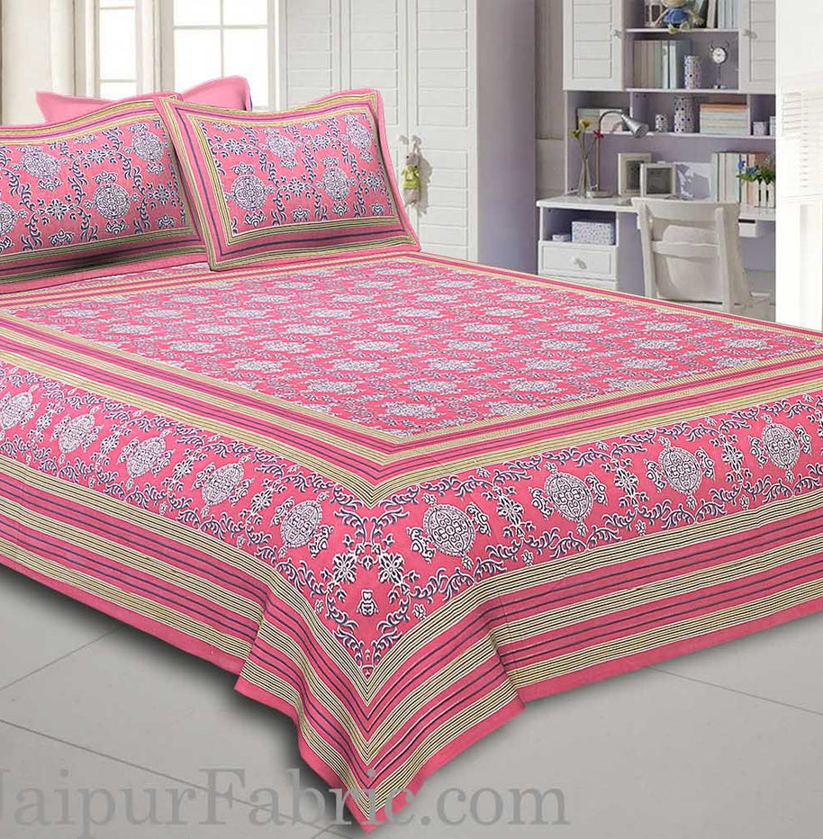 Pink Border Pink Base Mandana Print Cotton Double Bed Sheet