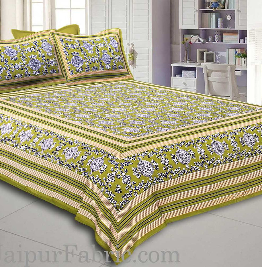 Green  Border Pink Base Mandana Print Cotton Double Bed Sheet