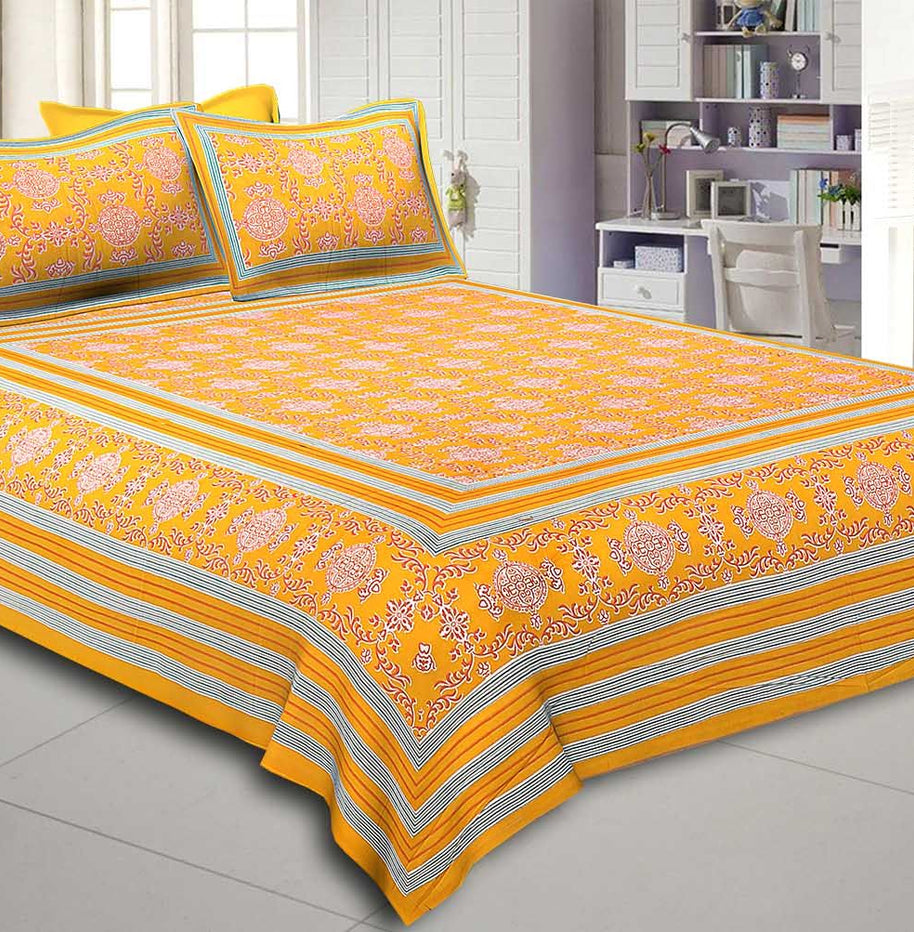 Yellow  Border Pink Base Mandana Print Cotton Double Bed Sheet