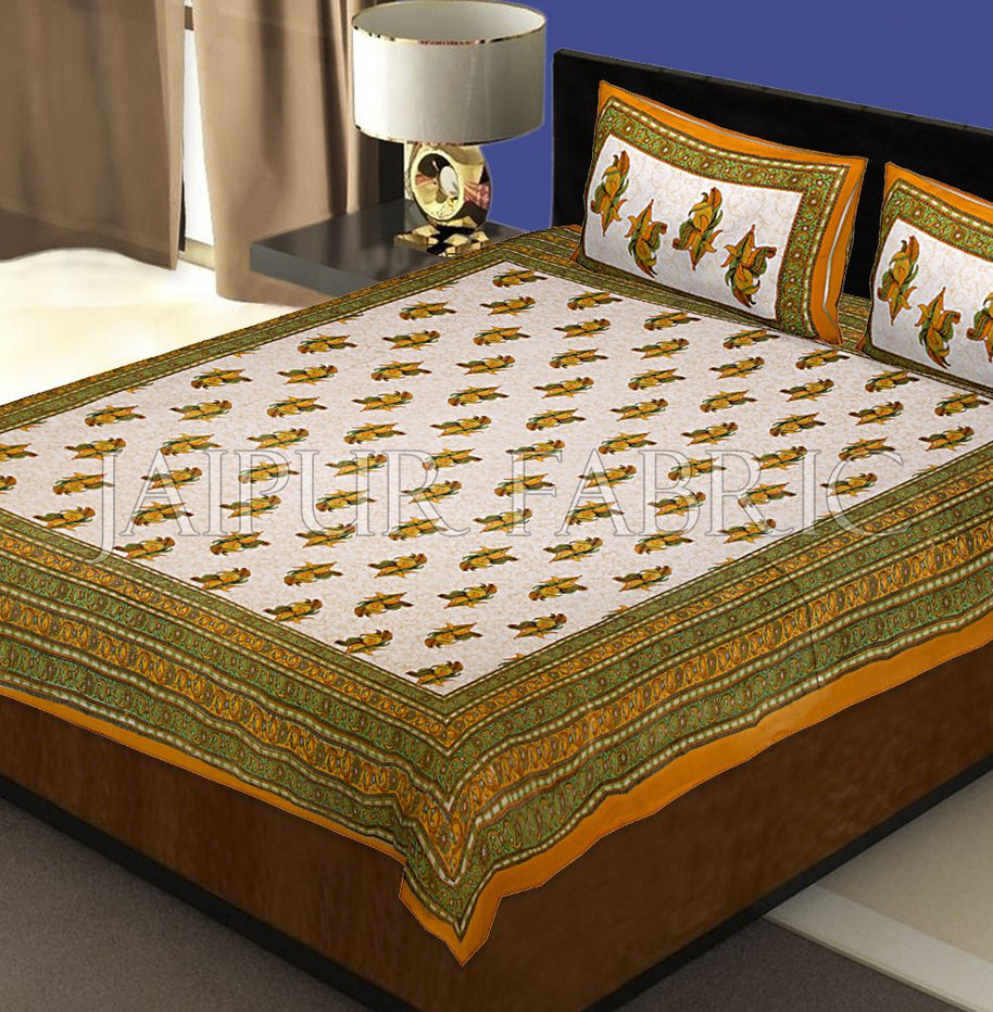 Yellow Border Rajasthani Bel Design Cotton Double Bed Sheet