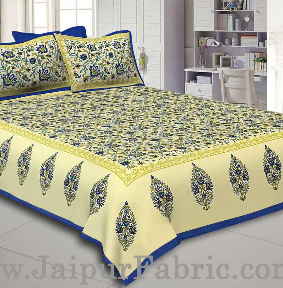 Blue Border Tropical keri Design Cotton Double Bed Sheet