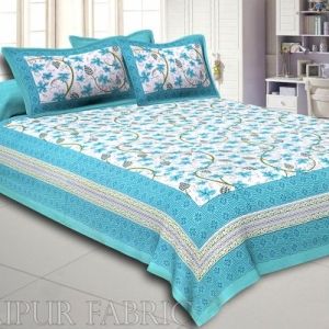 Light Sea Green  Border Grapes Pattern Screen Print Cotton Double Bed Sheet