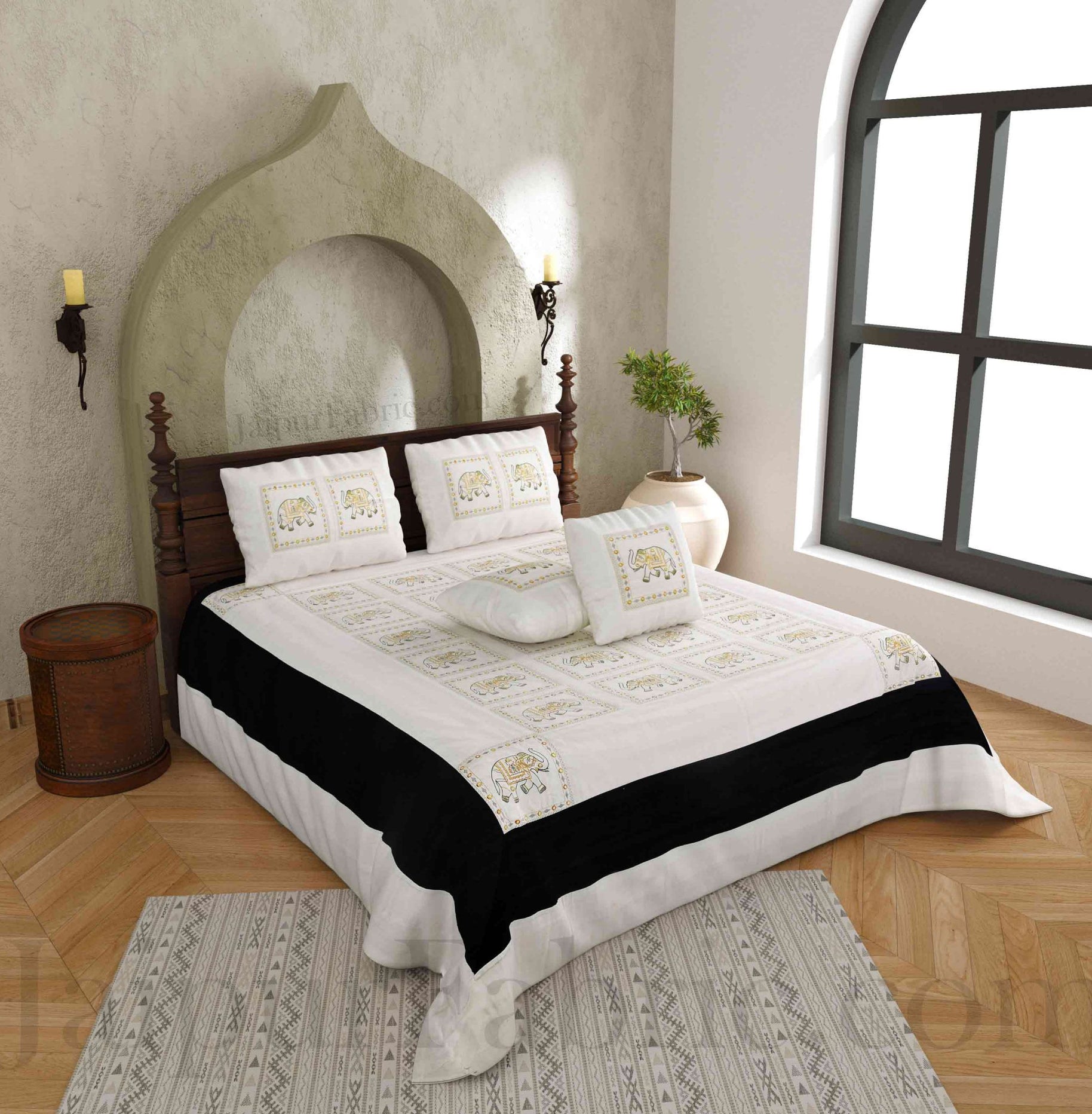 Black and White Elephant Thread And Mirror Work and Rajasthani Zari Work Double Bed Sheet