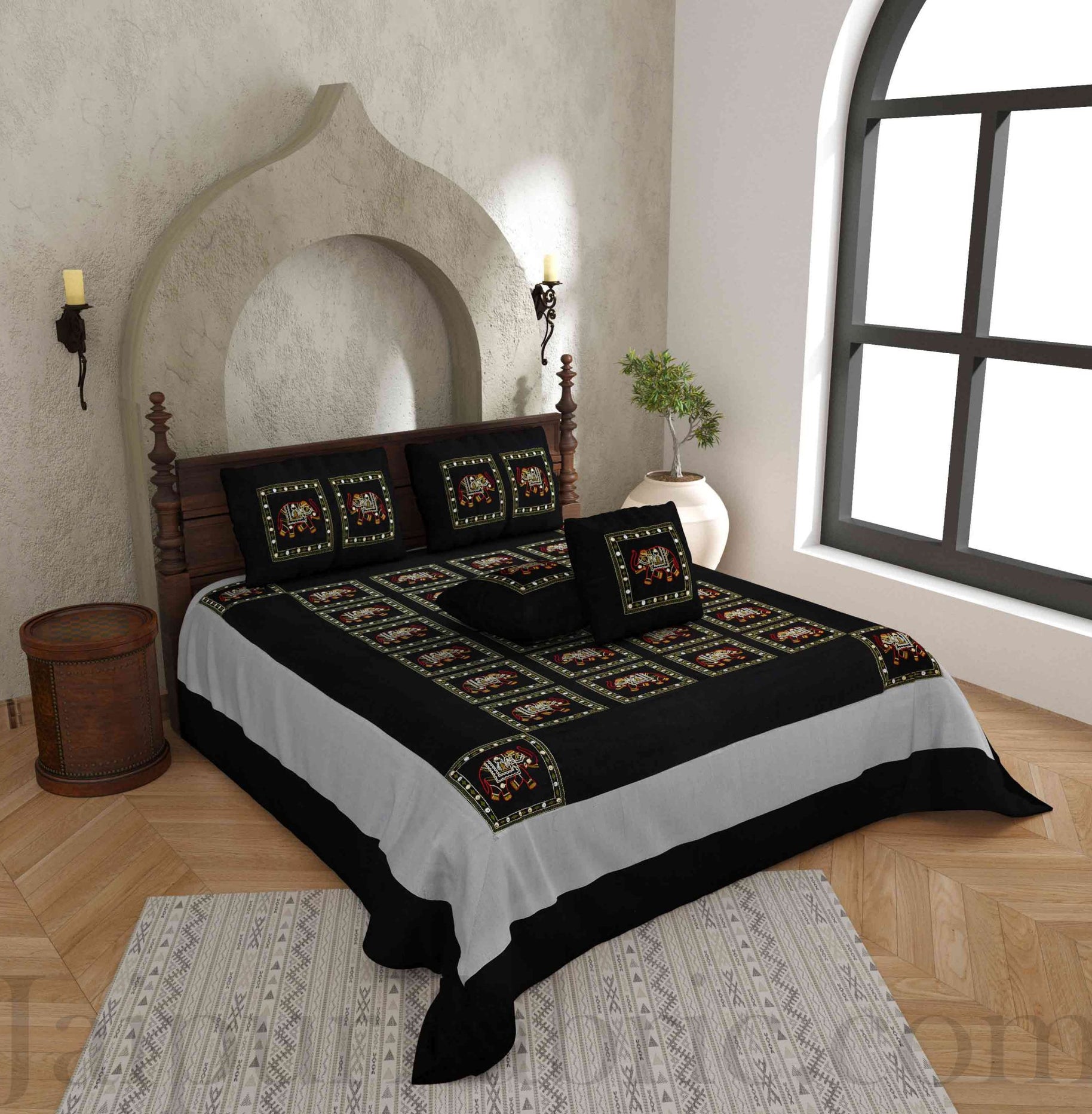 Black Elephant Zari Embroidered and Mirror Work Silk Double Bed Sheet