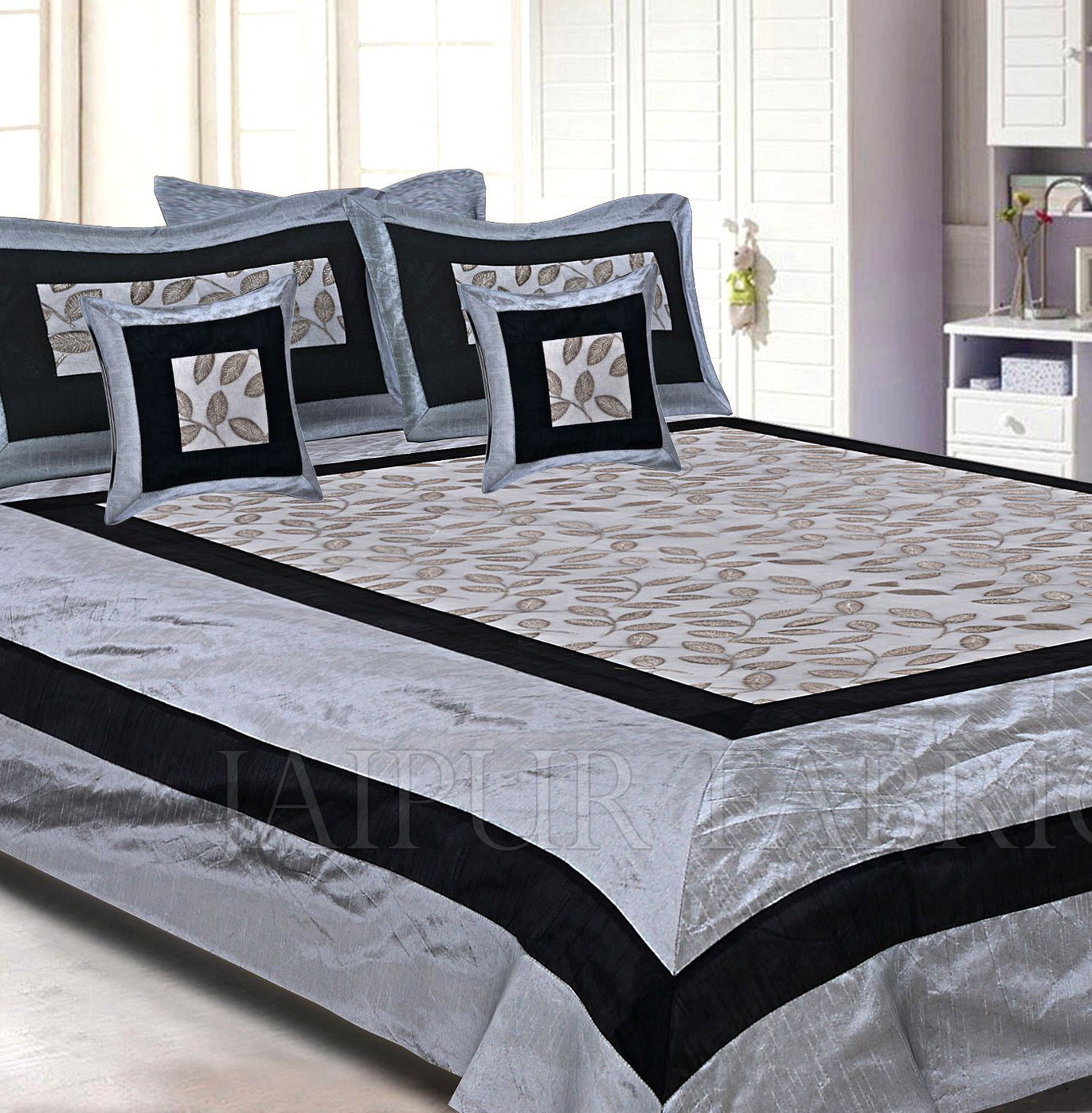 Light Grey Base And Black Border  Double Layered Silk And Tissue Shining Fabric With Computer Embroidery by Silvery Shining Thread Double Bedsheet