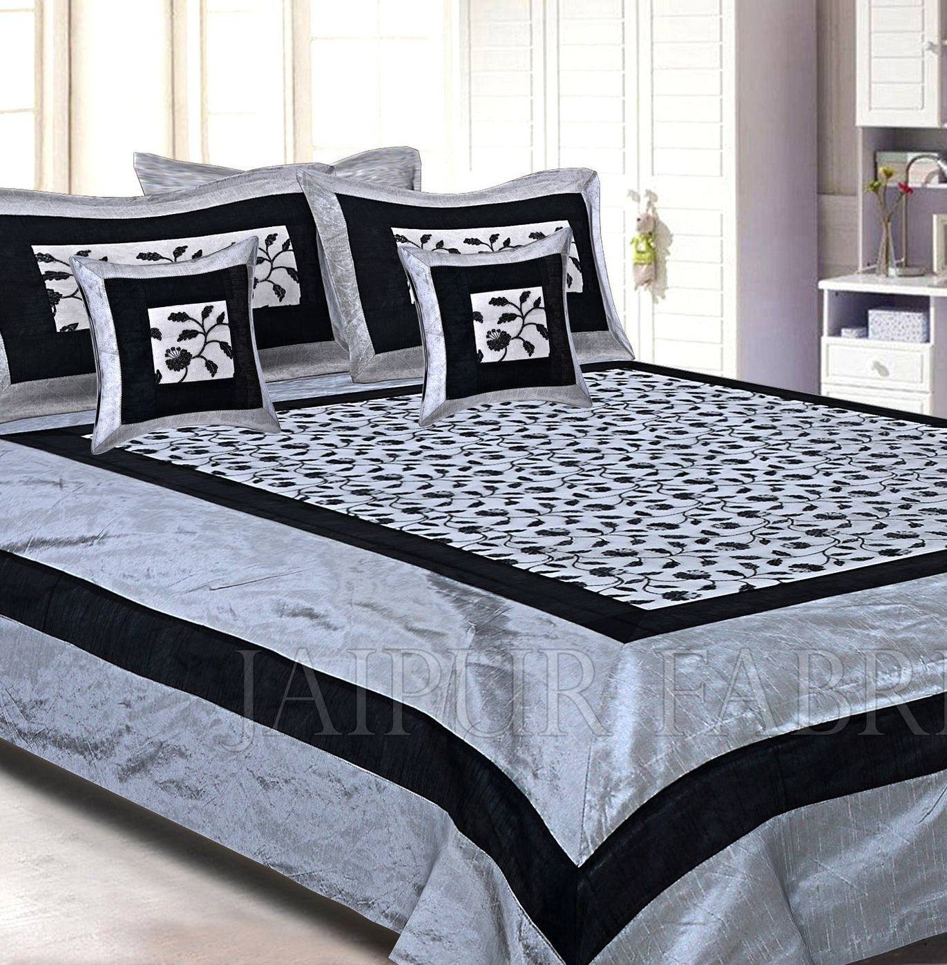 Light Grey Base And Black Border  Double Layerd Silk And Tissue Shinig Fabric With Computer Embroidery With Black Silk Thread Double Bedsheet