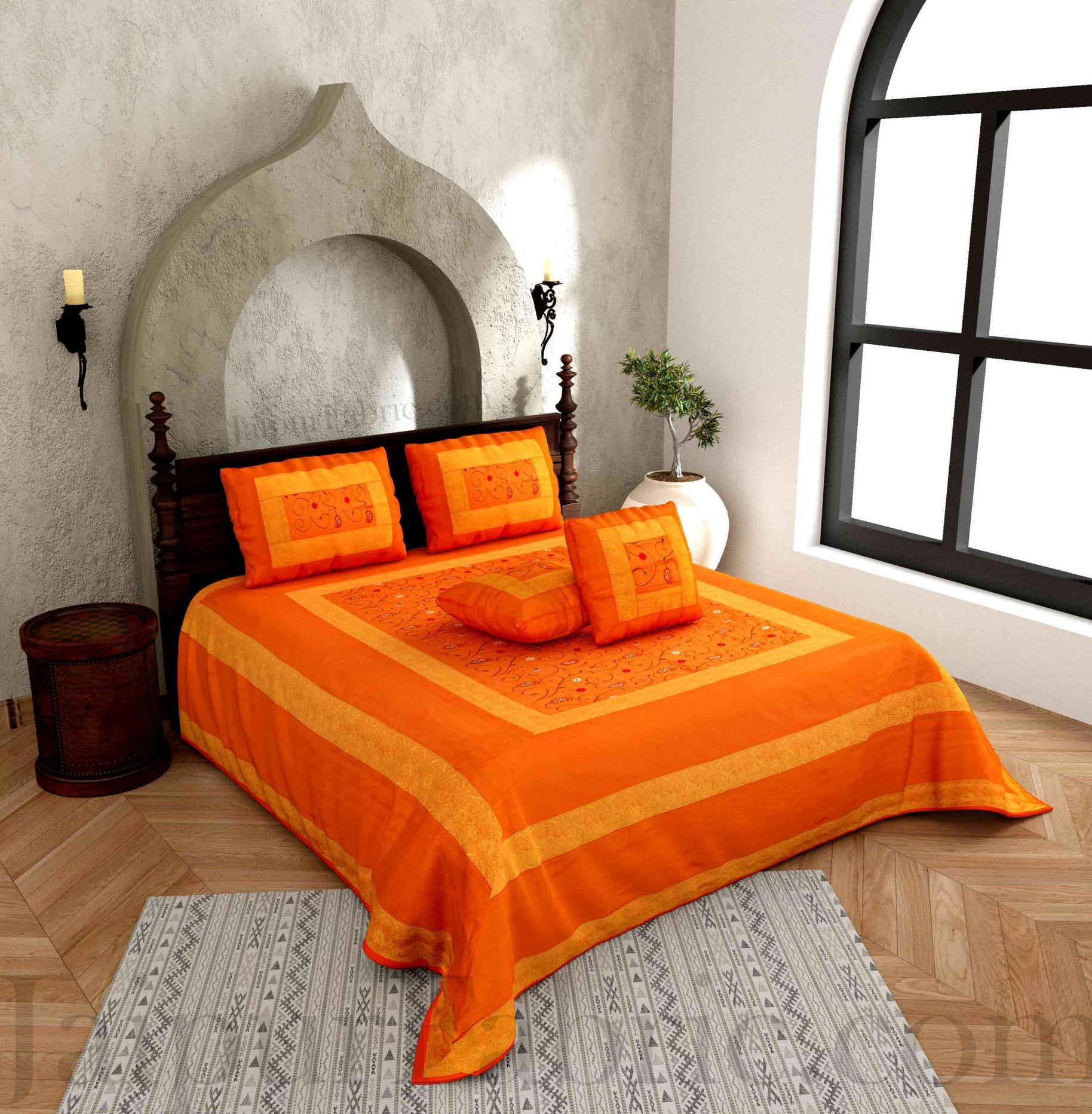 Orangish Yellow  Base With Zari  Border Silk Computer Embroidery  And Silk  Double Bedsheet