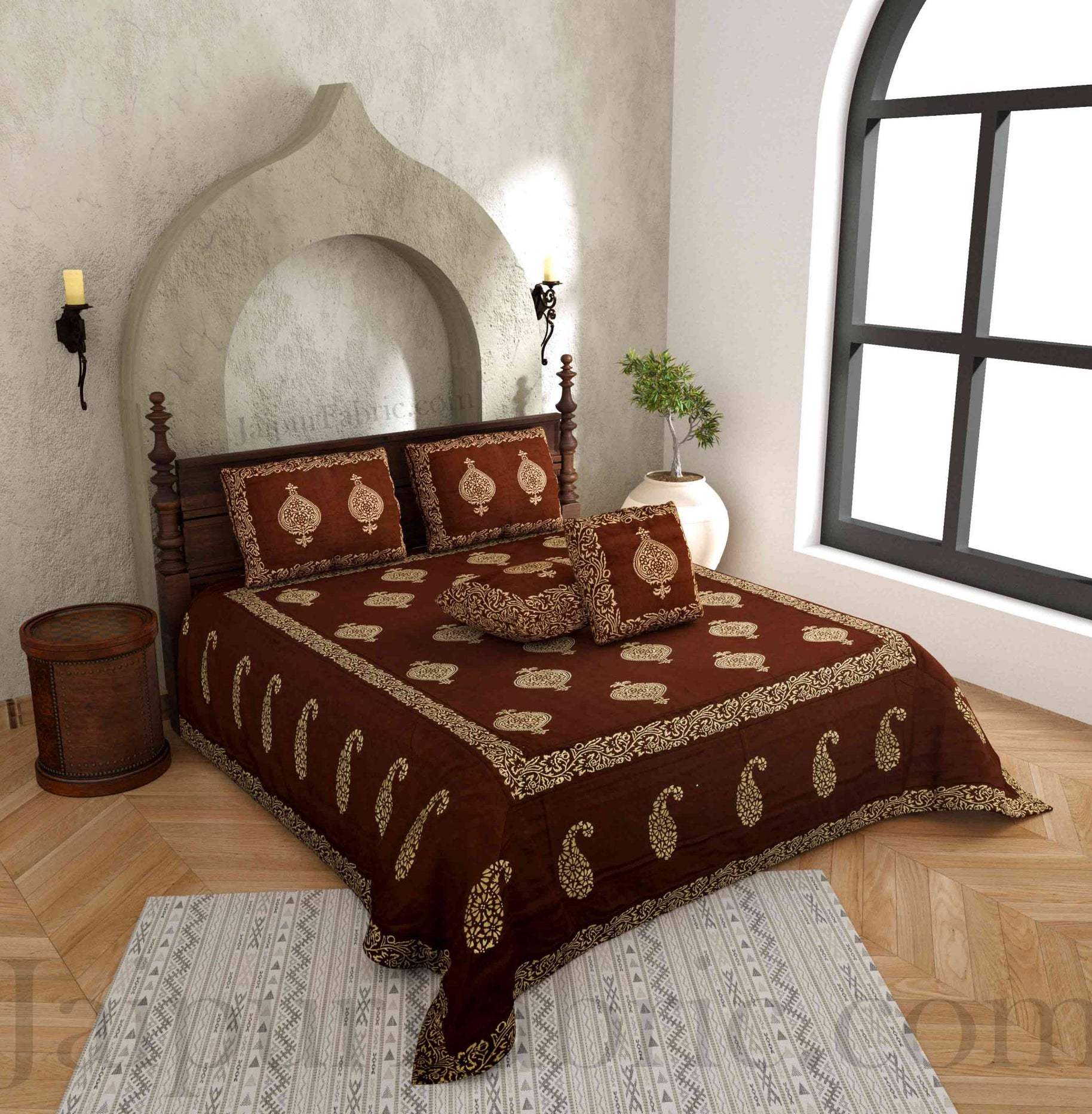 Brown Base Khadi Print Hand Work Silk Double Bed Sheet