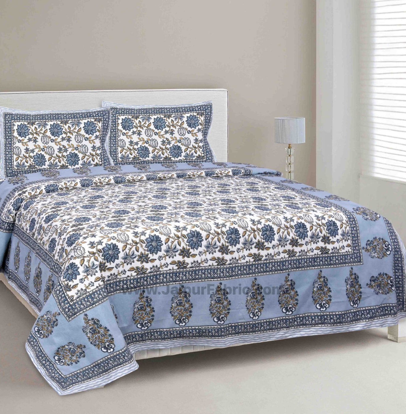 Aqua Grey Floral Carnival Double Bedsheet