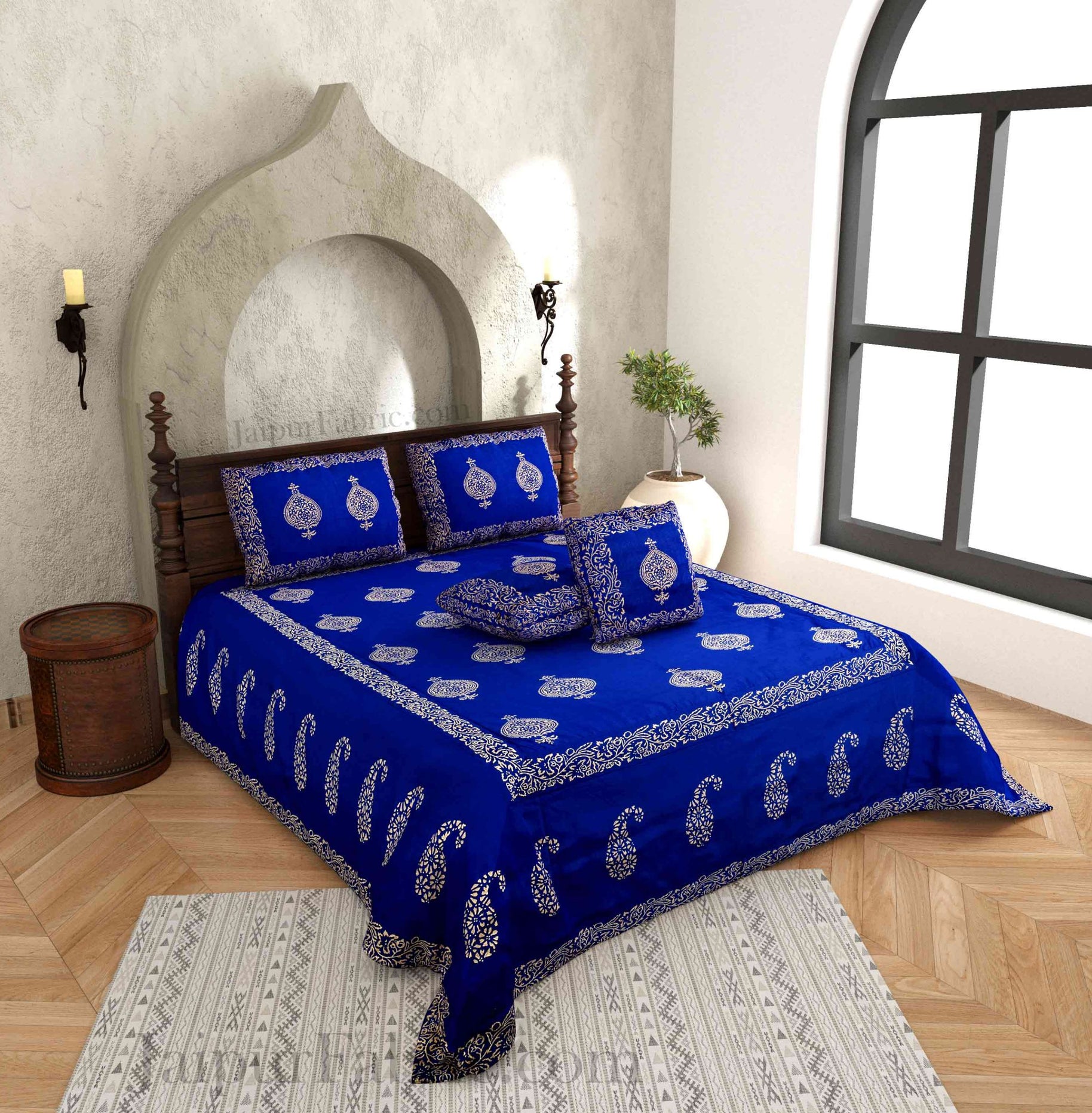 Blue Base Khadi Golden Printed Hand Block Work Silk Double Bed Sheet