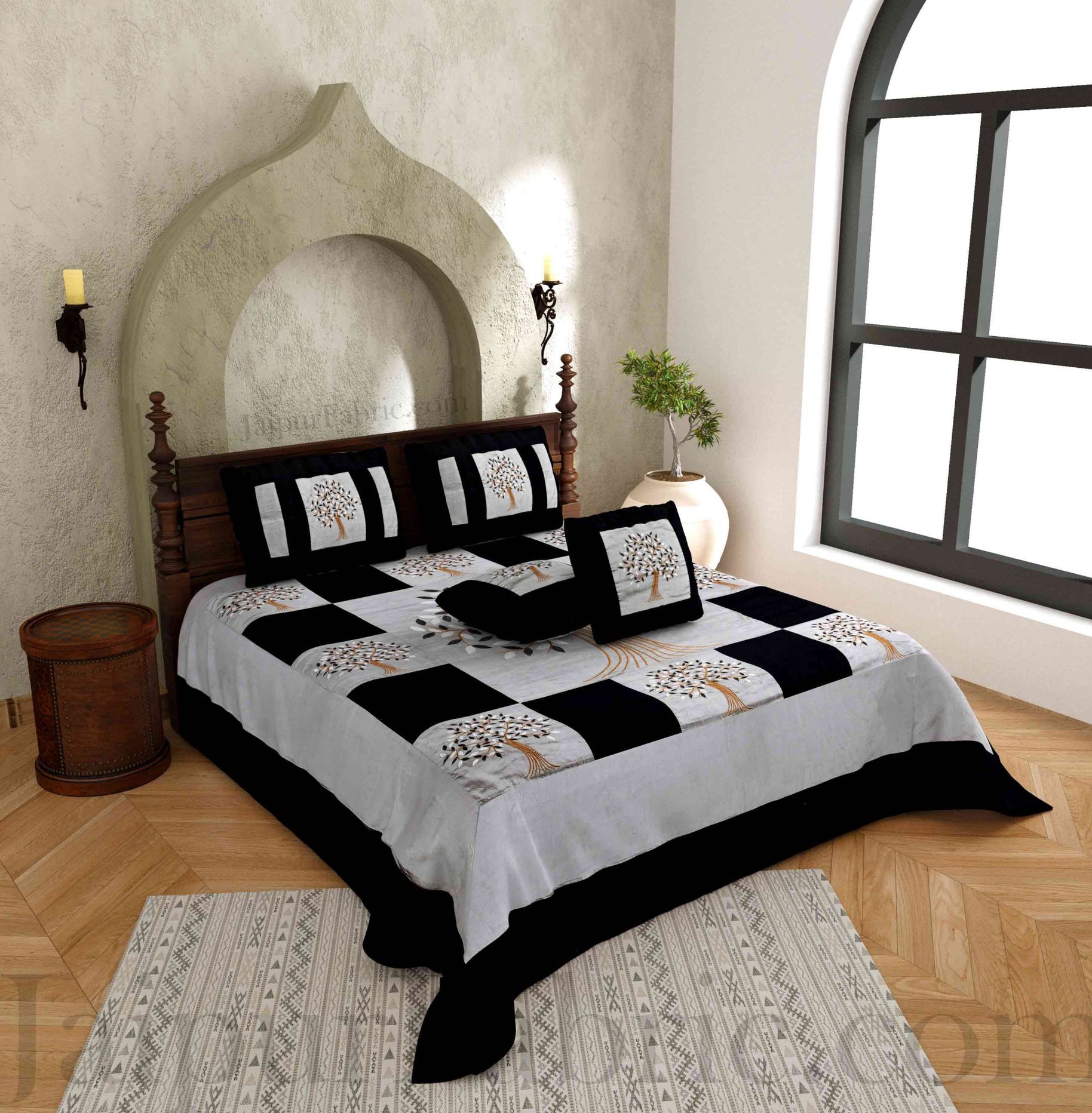 Gray Base Machine Embroidery Black Patch Work Silk Double Bed Sheet