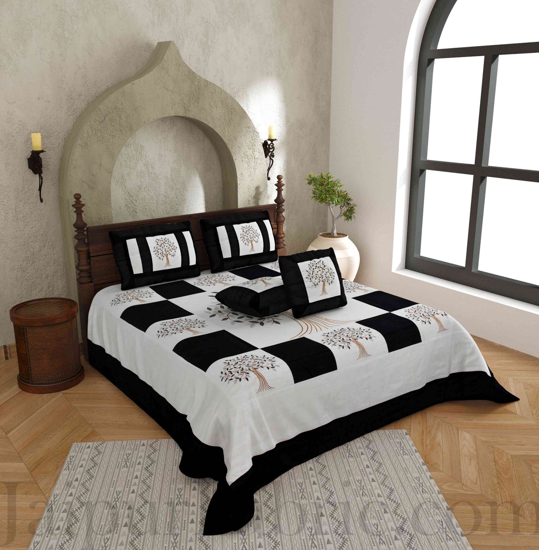 Black Base Machine Embroidery White Patch Work Silk Double Bed Sheet