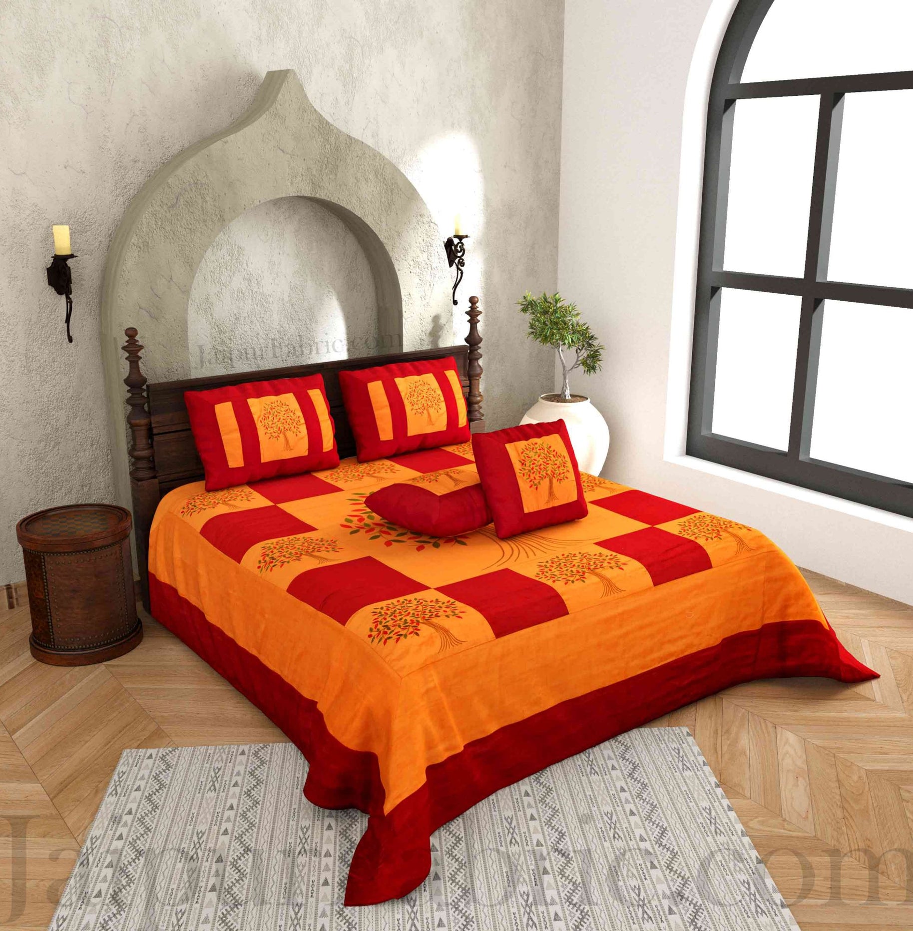 Orange Base Machine Embroidery Maroon Patch Work Silk Double Bed Sheet