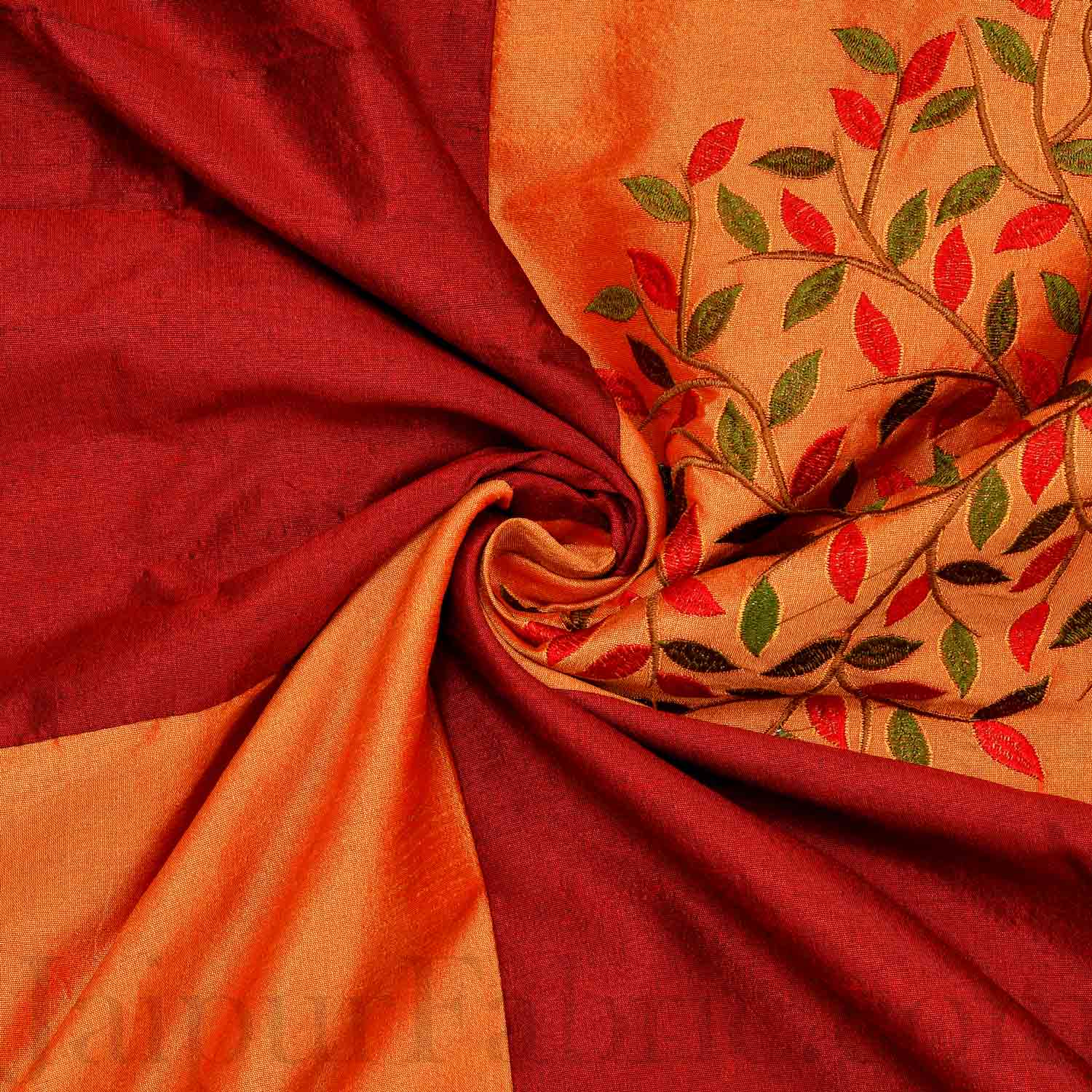 Orange Base Machine Embroidery Maroon Patch Work Silk Double Bed Sheet