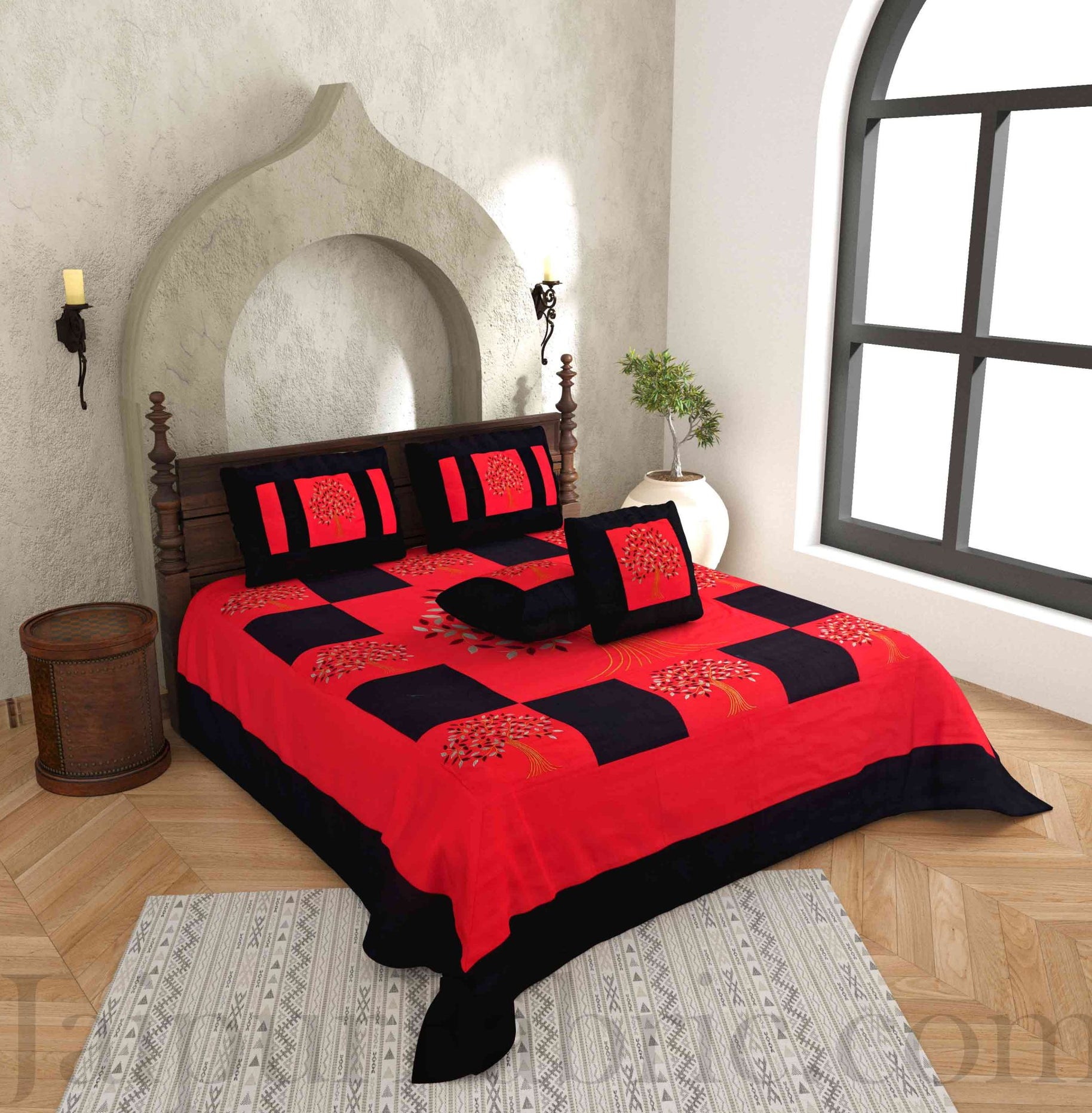 Red Base Machine Embroidery Black Patch Work Silk Double Bed Sheet