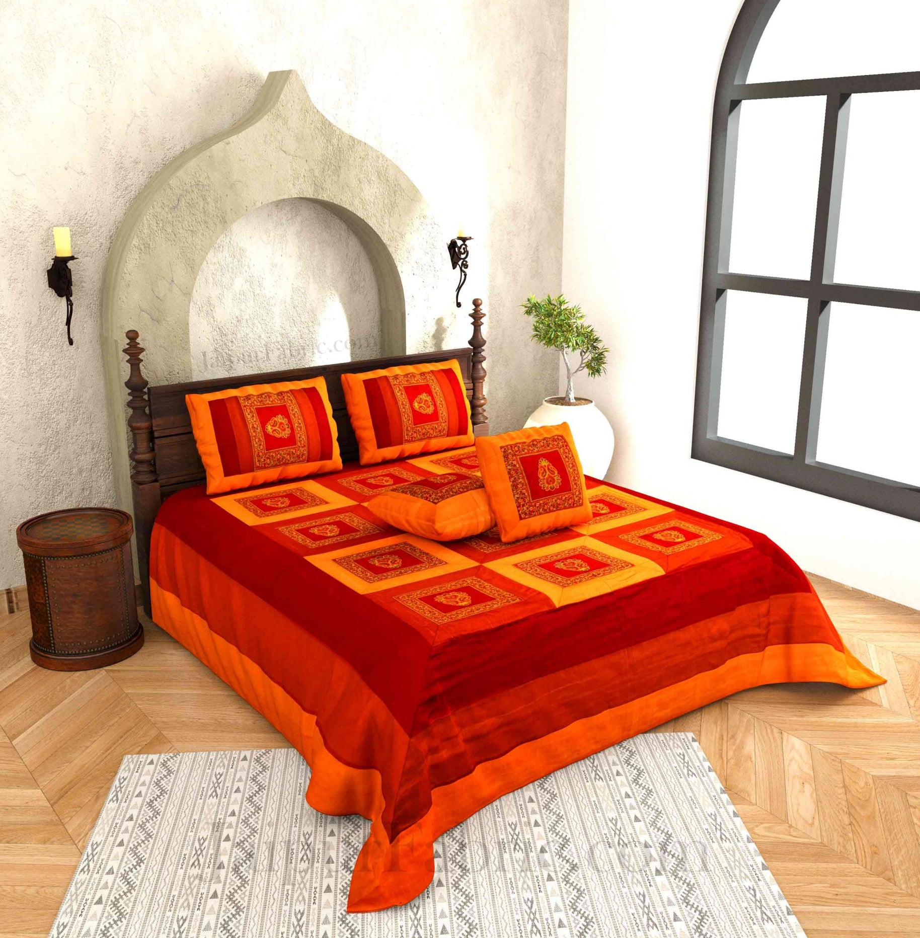 Orange Maroon Base Machine Embroidery and Zari Thread Work Silk Double Bed Sheet