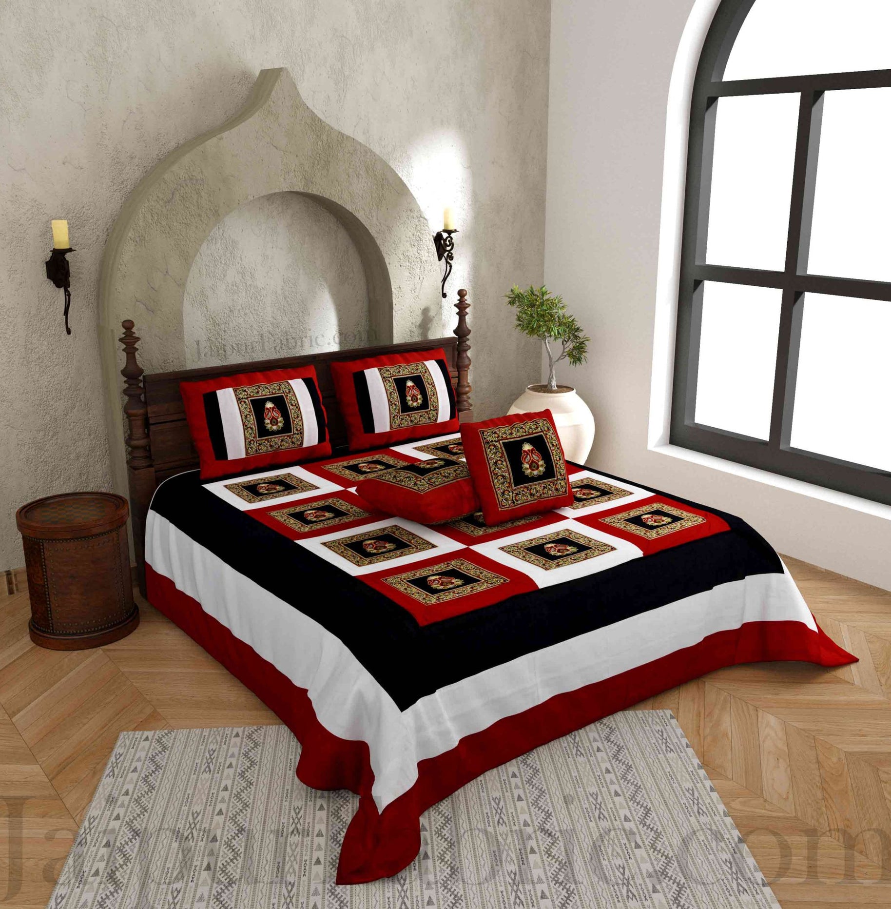 Maroon White Base Machine Embroidery and Zari Thread Work Silk Double Bed Sheet