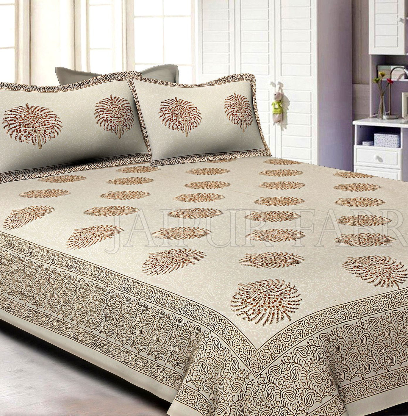 White Base With Kadi Print Brown Tree Hand Block Print Super Fine  Cotton Double Bed Sheet