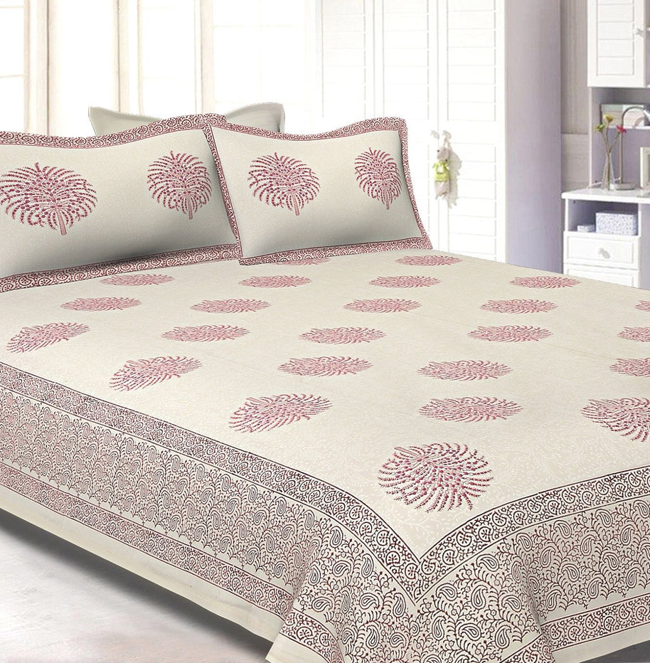 White Base With Kadi Print Red Tree Hand Block Print Super Fine Cotton Double Bed Sheet