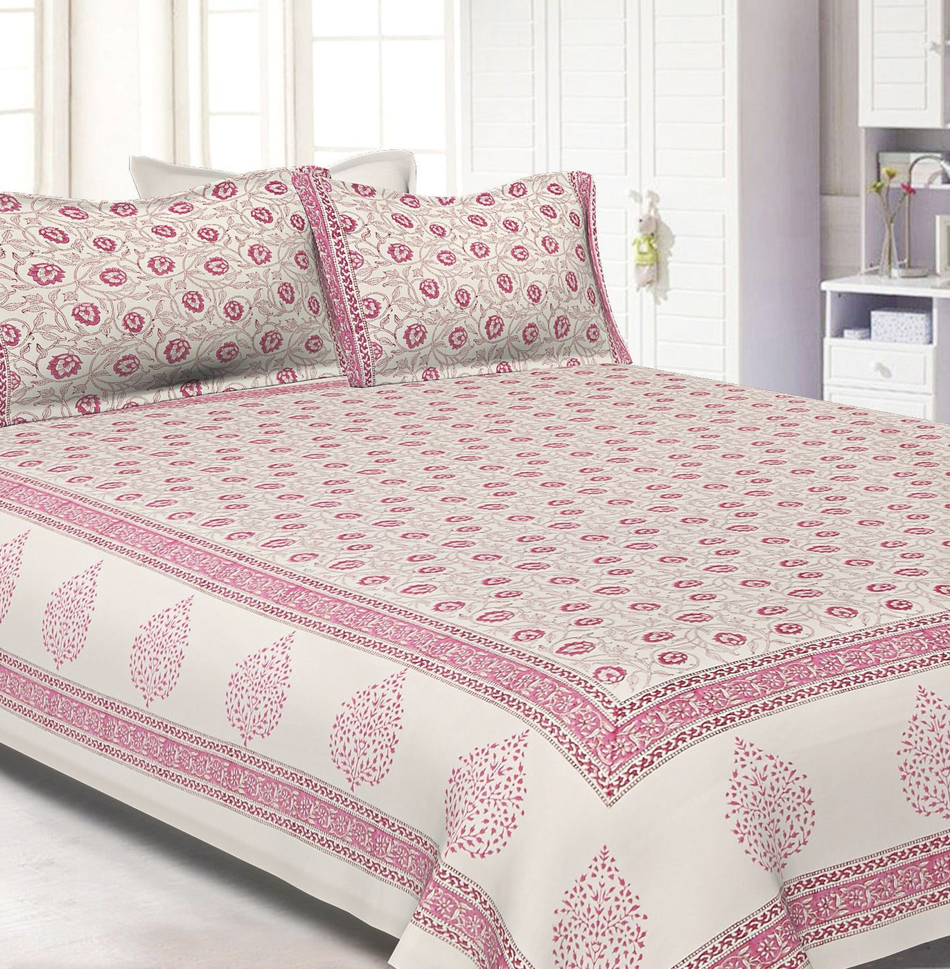 White Base With Kadi Print Red Tree Hand Block Print Super Fine  Cotton Double Bed Sheet