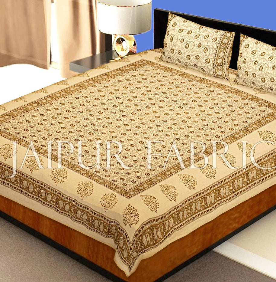 Beige Base With Kadi Print Brown Tree Hand Block Print Super Fine  Cotton Double Bed Sheet