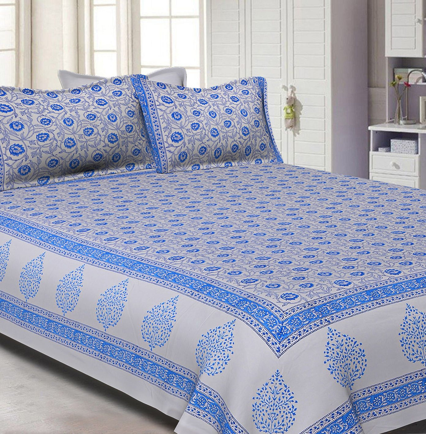 White Base With Kadi Print Blue Tree Hand Block Print Super Fine  Cotton Double Bed Sheet