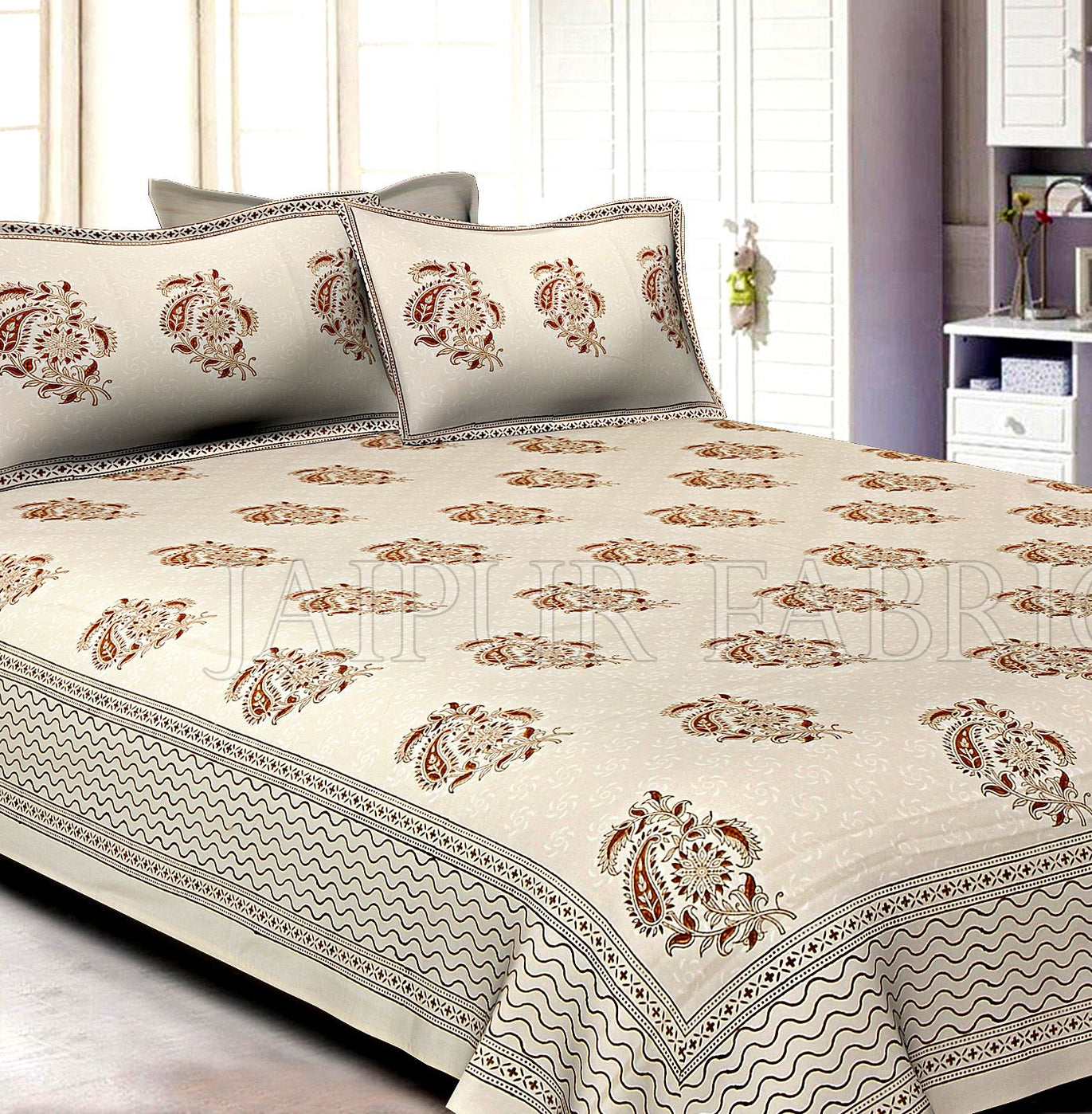 White Base With Kadi Print Brown Tree Hand Block Print Super Fine  Cotton Double Bed Sheet