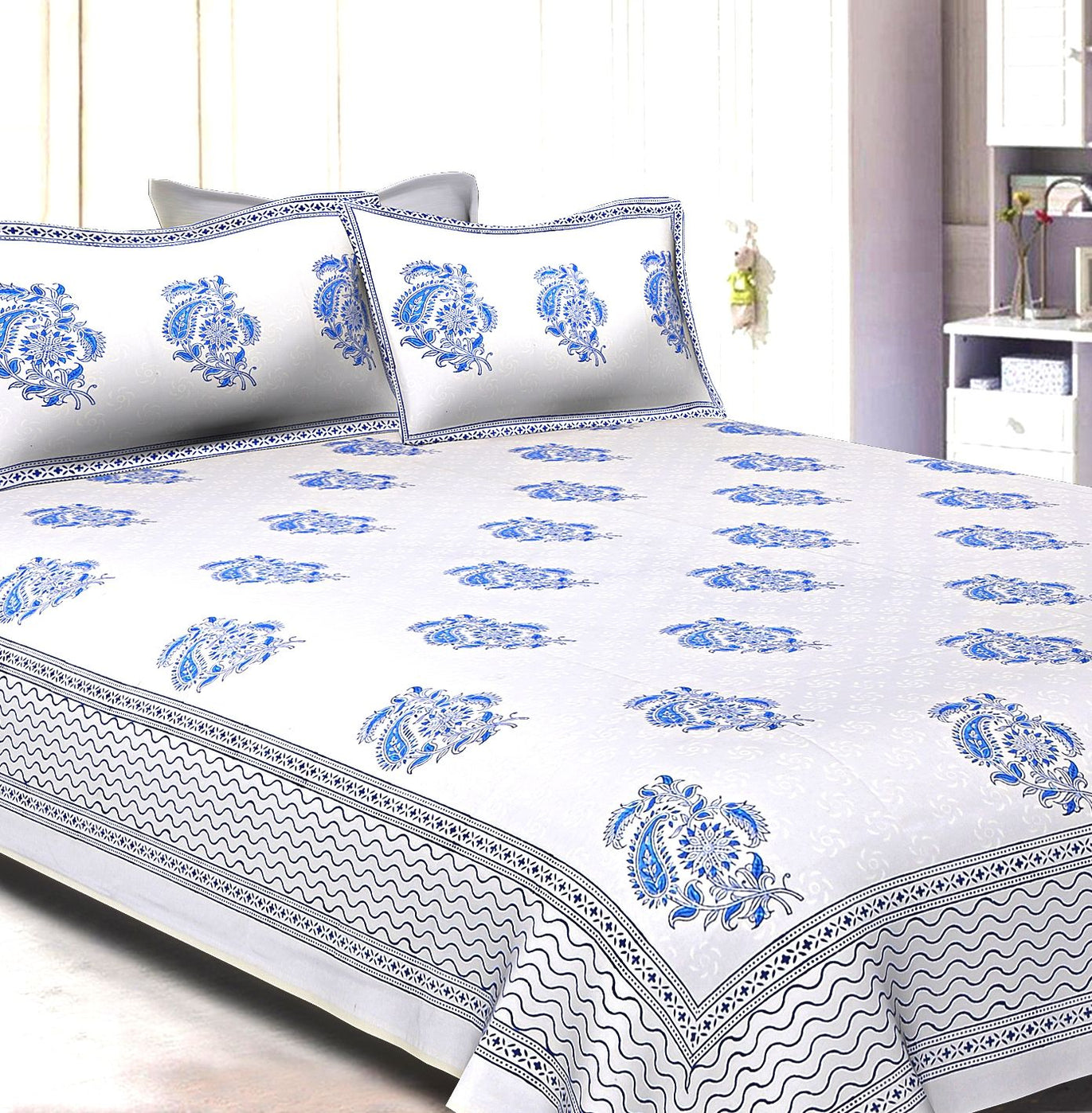 White Base With Kadi Print Blue Rajasthani Buta Hand Block Print Super Fine  Cotton Double Bed Sheet