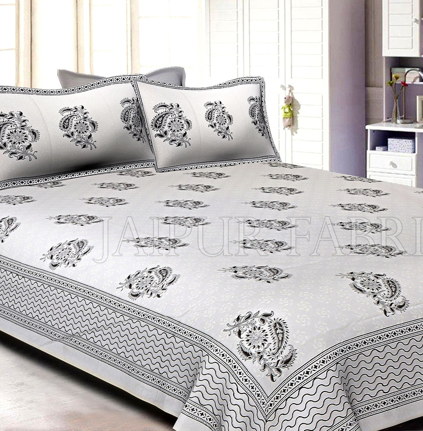 White Base With Kadi Print Blue Rajasthani Buta Hand Block Print Super Fine  Cotton Double Bed Sheet