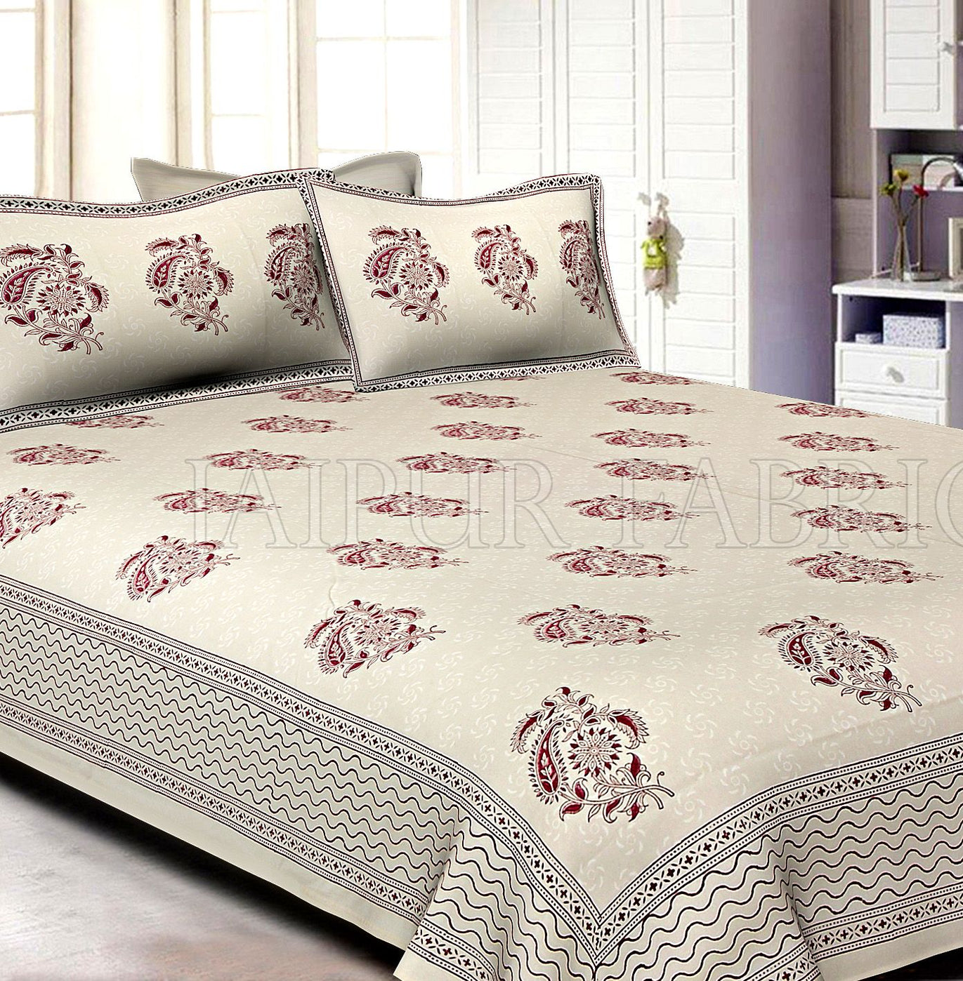 White Base kadi Pink Rajasthani Buta Hand Block Print Super Fine Cotton Double Bed Sheet