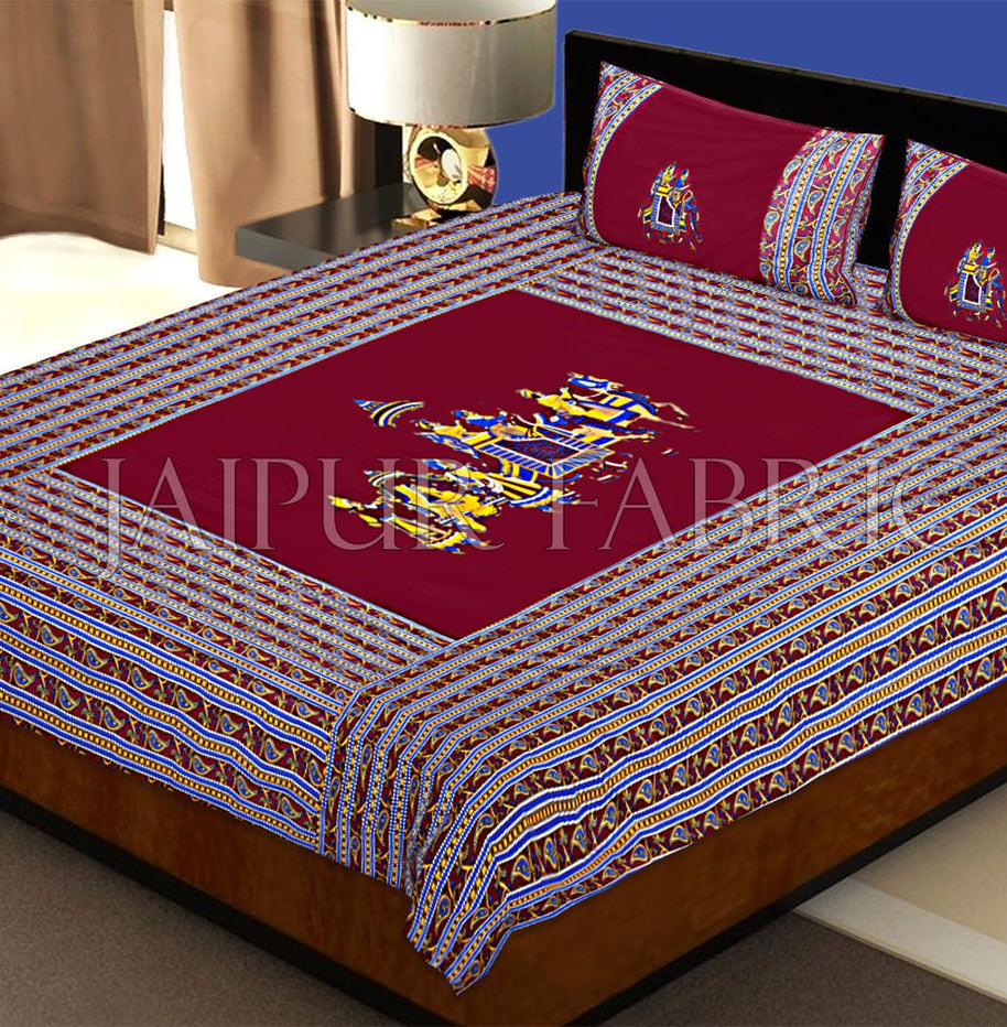 Maroon traditional Army Applique patchwork double bed sheet