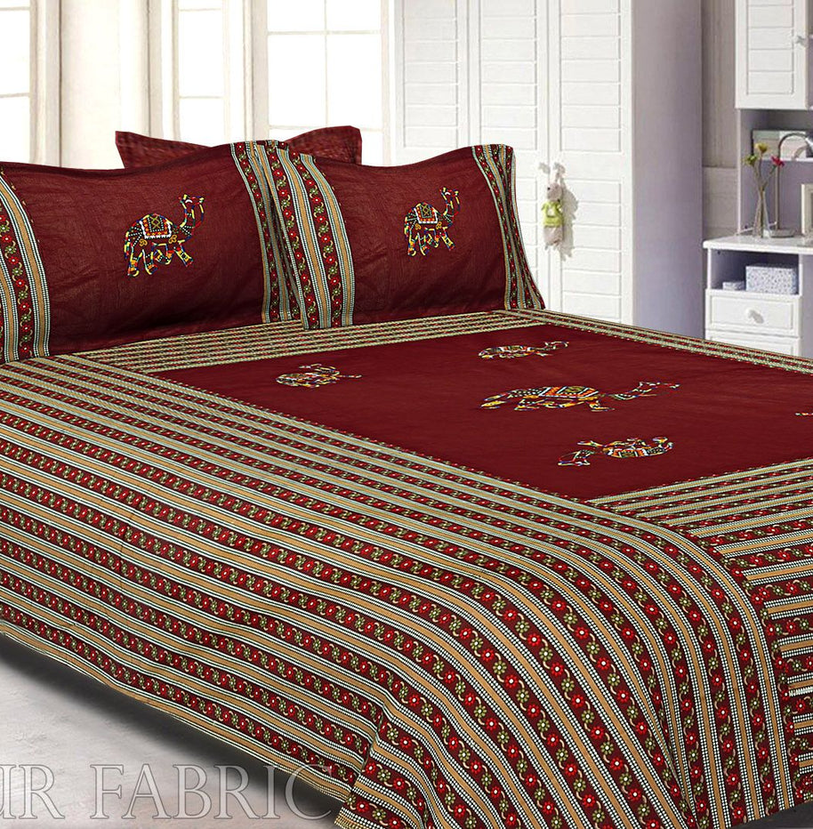 Maroon Color Camel Embroidery Work Double Bed Sheet with Two Pillow Covers