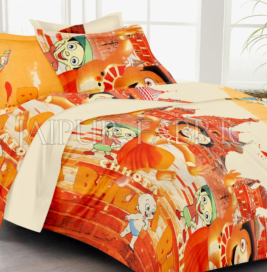 Cream Base Cartoon Print Double Bed Sheet