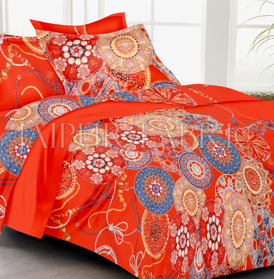 Orange Color Floral And Circle Print Double Bed Sheet