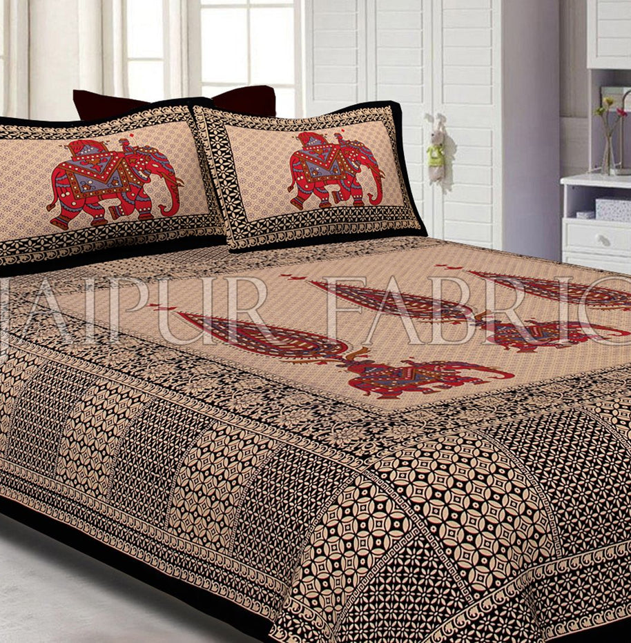 Black Border Leaf With Elephant Print Fine Cotton Double Bed Sheet