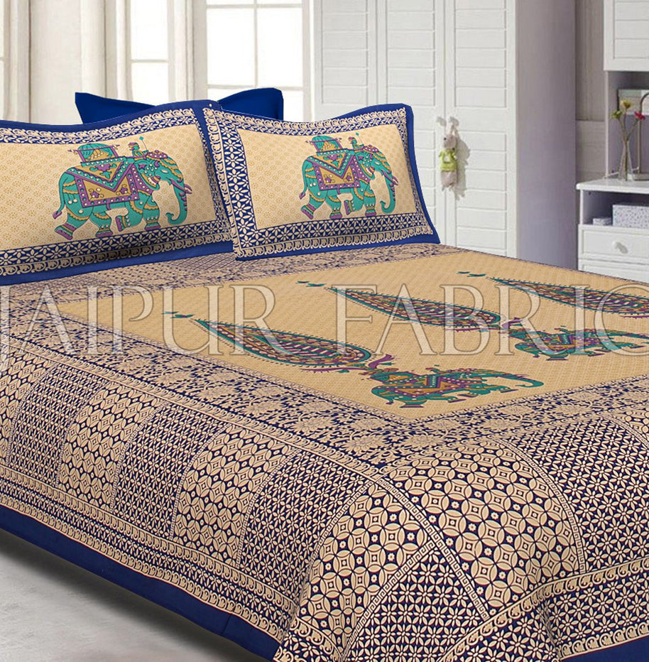 Blue Border Leaf With Elephant Print Fine Cotton Double Bed Sheet