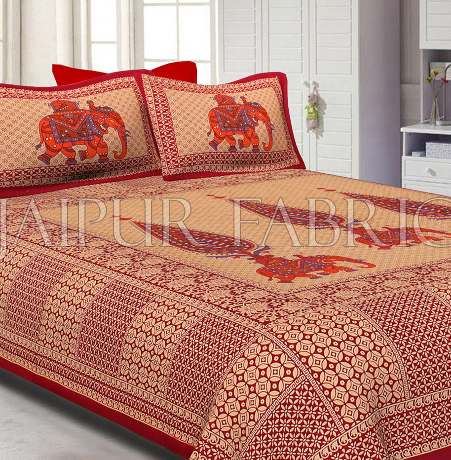 Red Border Leaf With Elephant Print Fine Cotton Double Bed Sheet