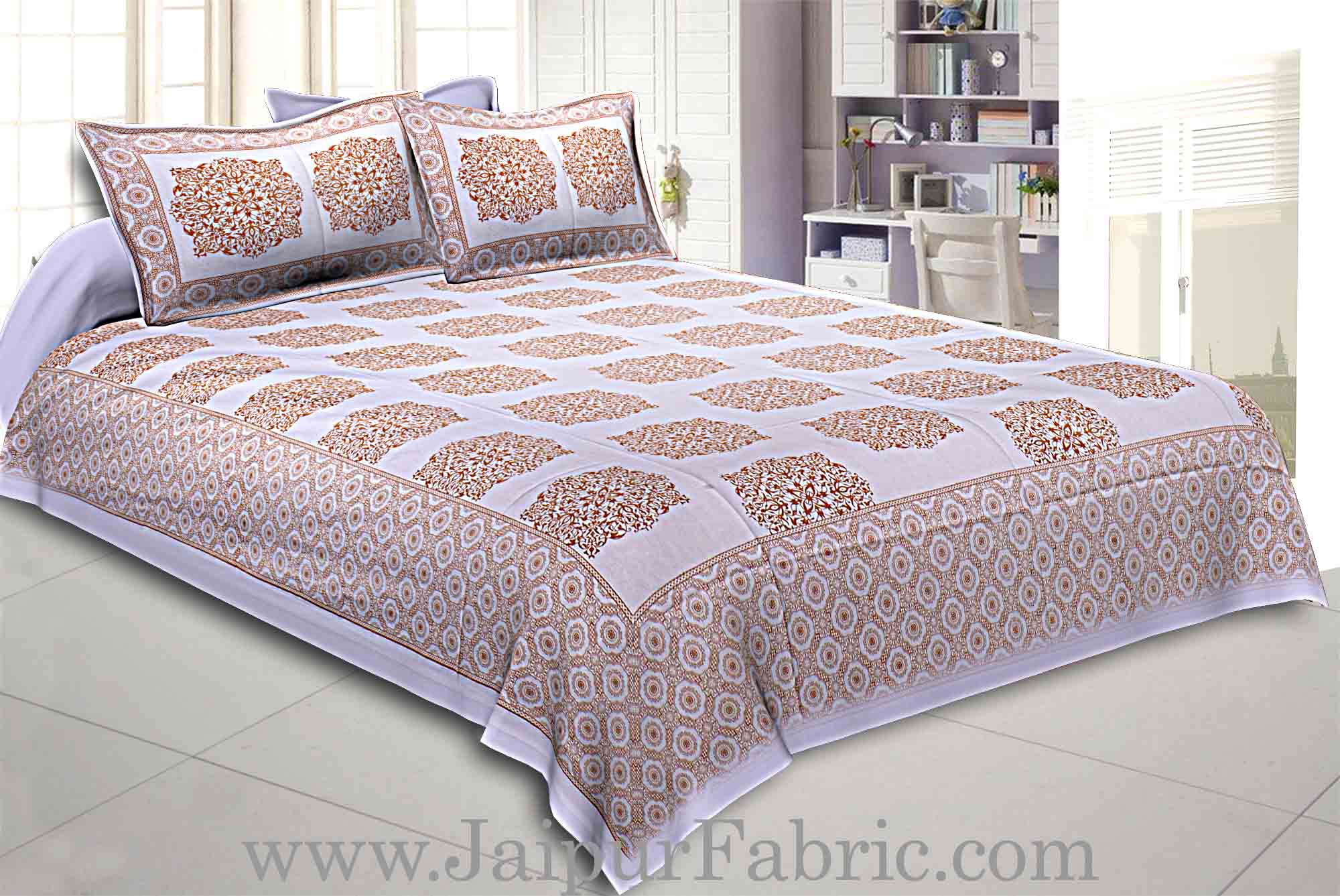 Double Bedsheet Offwhite Base Golden Rangoli Block Print