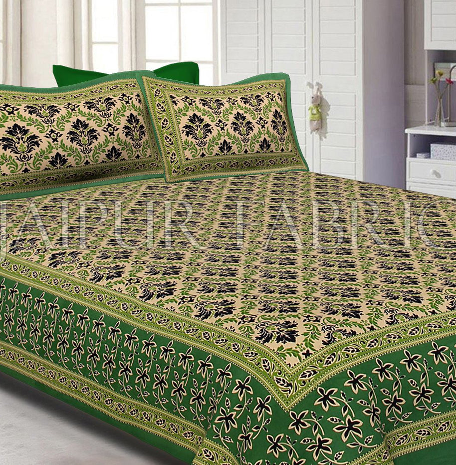 Green With Tropical Floral Pattern Cotton Double Bed Sheet