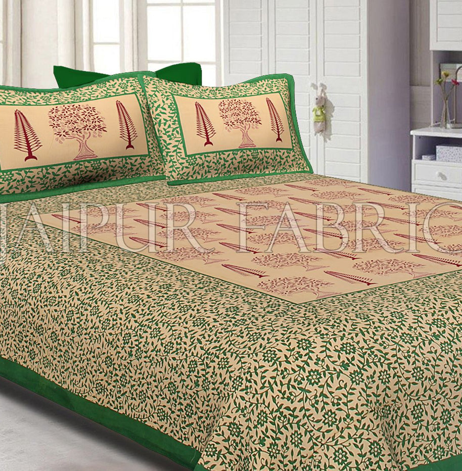 Green Border Light Brown Base With Flower and Plant Pattern Cotton Double Bed Sheet