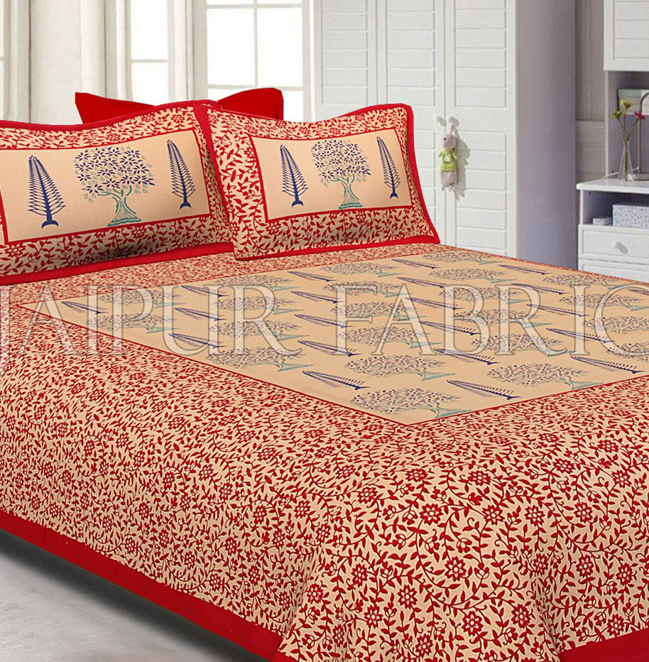 Red Light Brown Base With Flower and Plant Pattern Cotton Double Bed Sheet