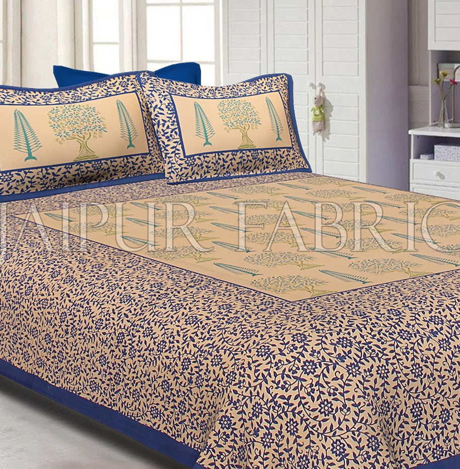 Navy Blue Light Brown Base With Flower and Plant Pattern Cotton Double Bed Sheet