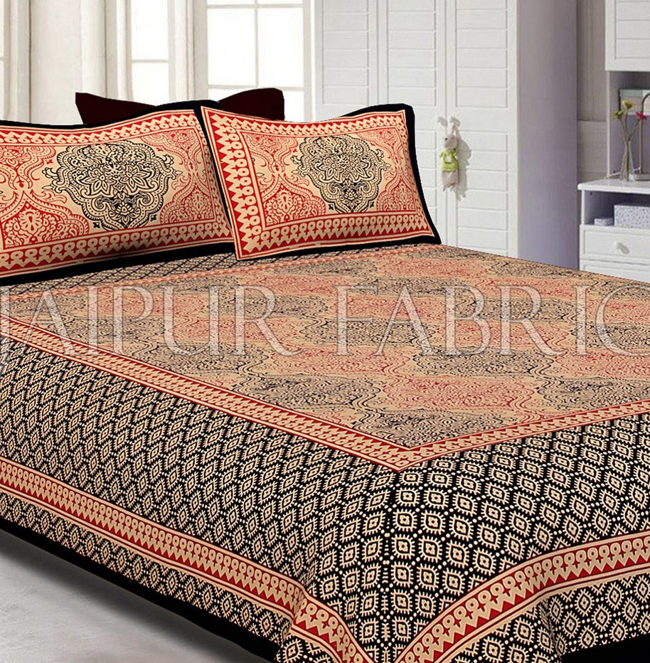 Black Border With Rangoli Pattern Cotton Double Bed Sheet