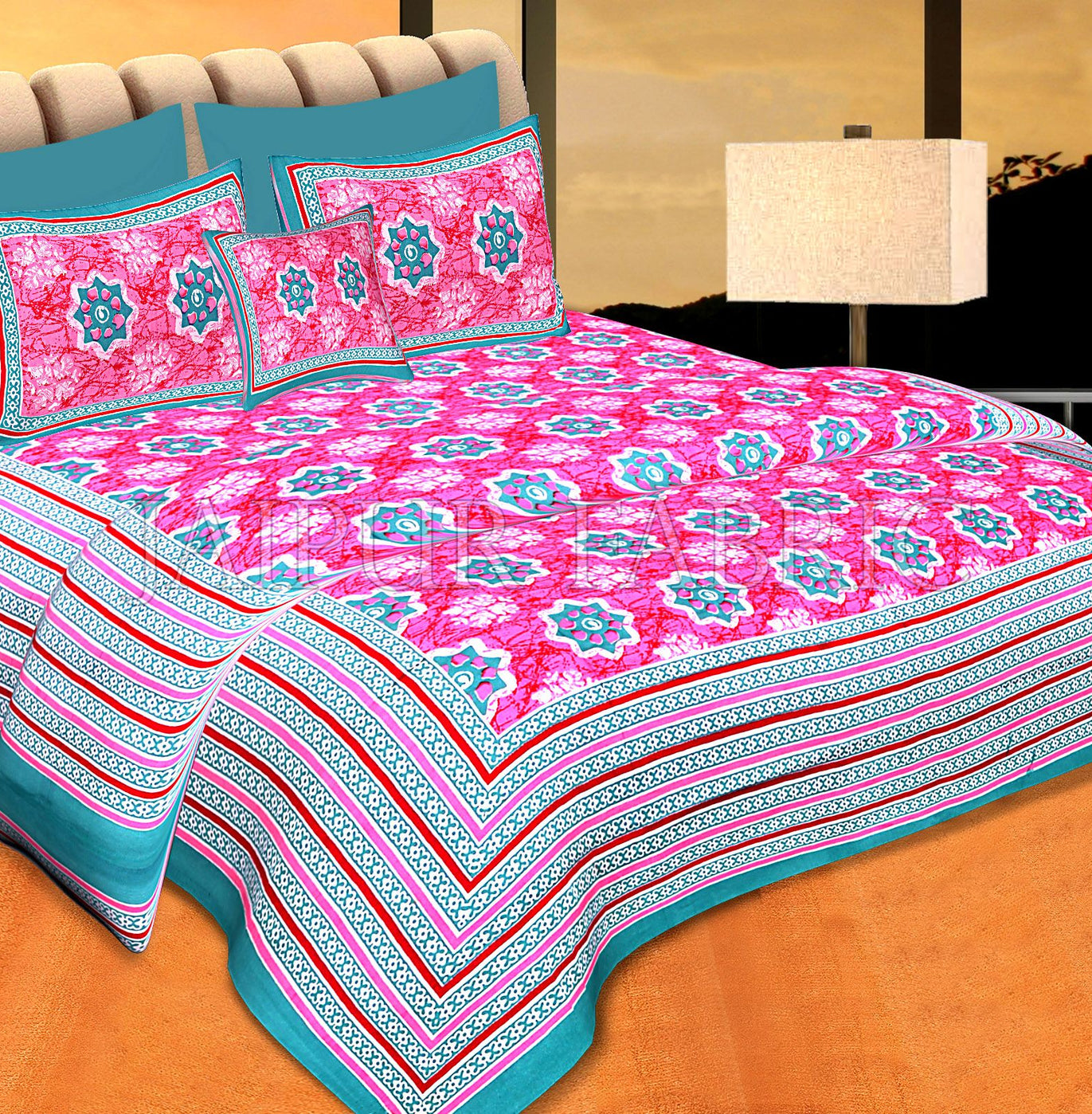 Sea Green Border Pink Base Floral Print Cotton Double Bedsheet