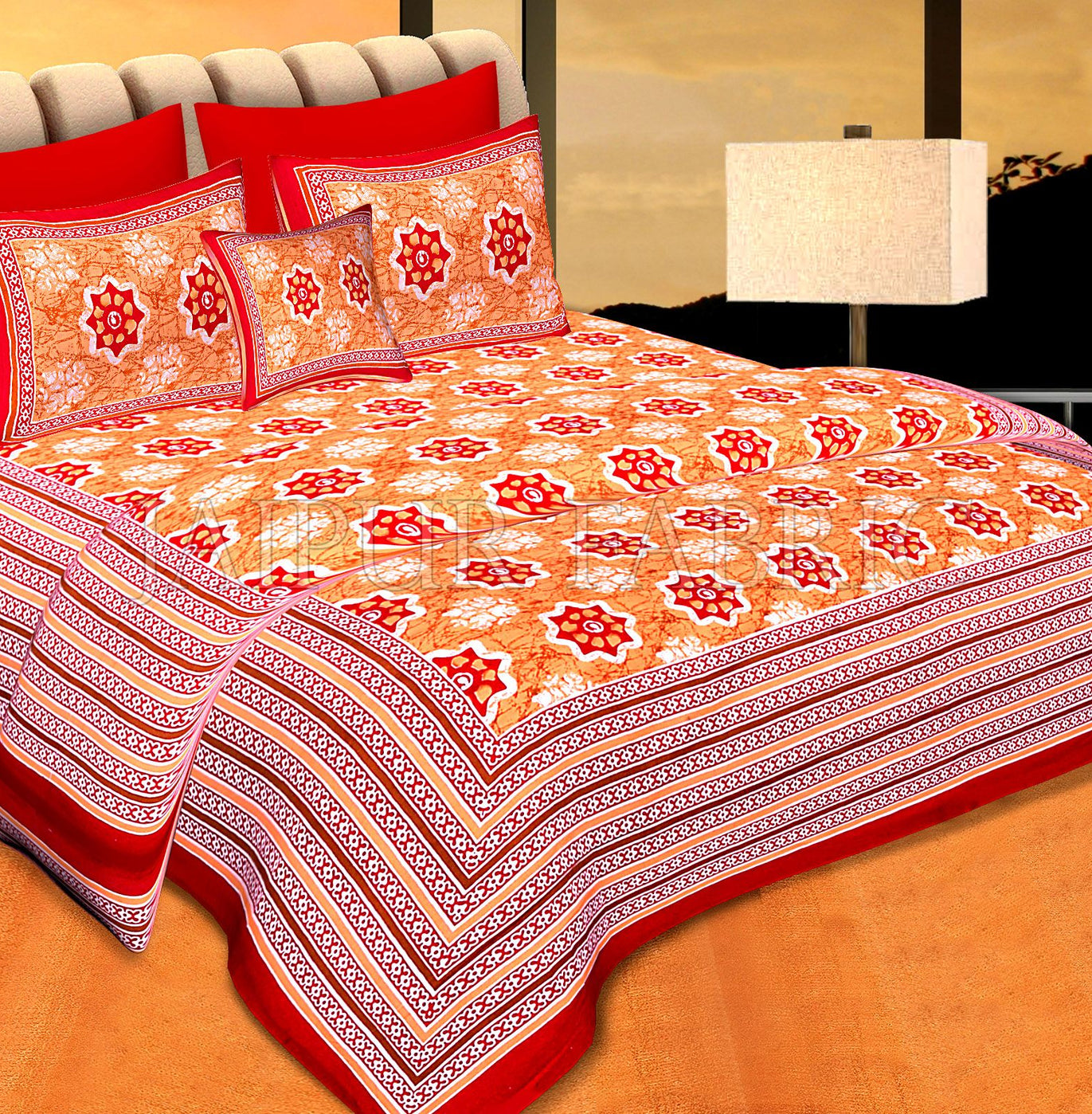 Red  Border Orange Base Floral Print Cotton Double Bedsheet