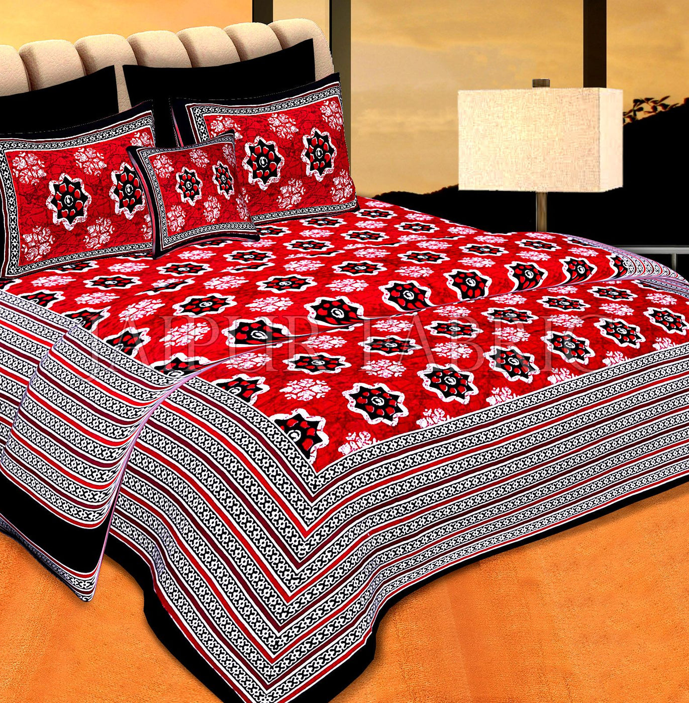 Black Border Red Base Floral Print Cotton Double Bedsheet