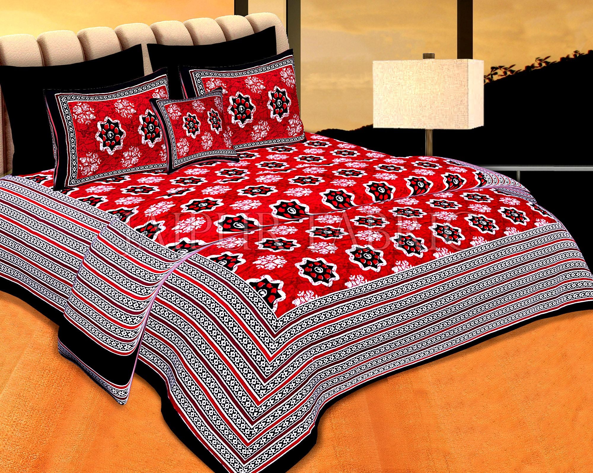 Black Border Red Base Floral Print Cotton Double Bedsheet