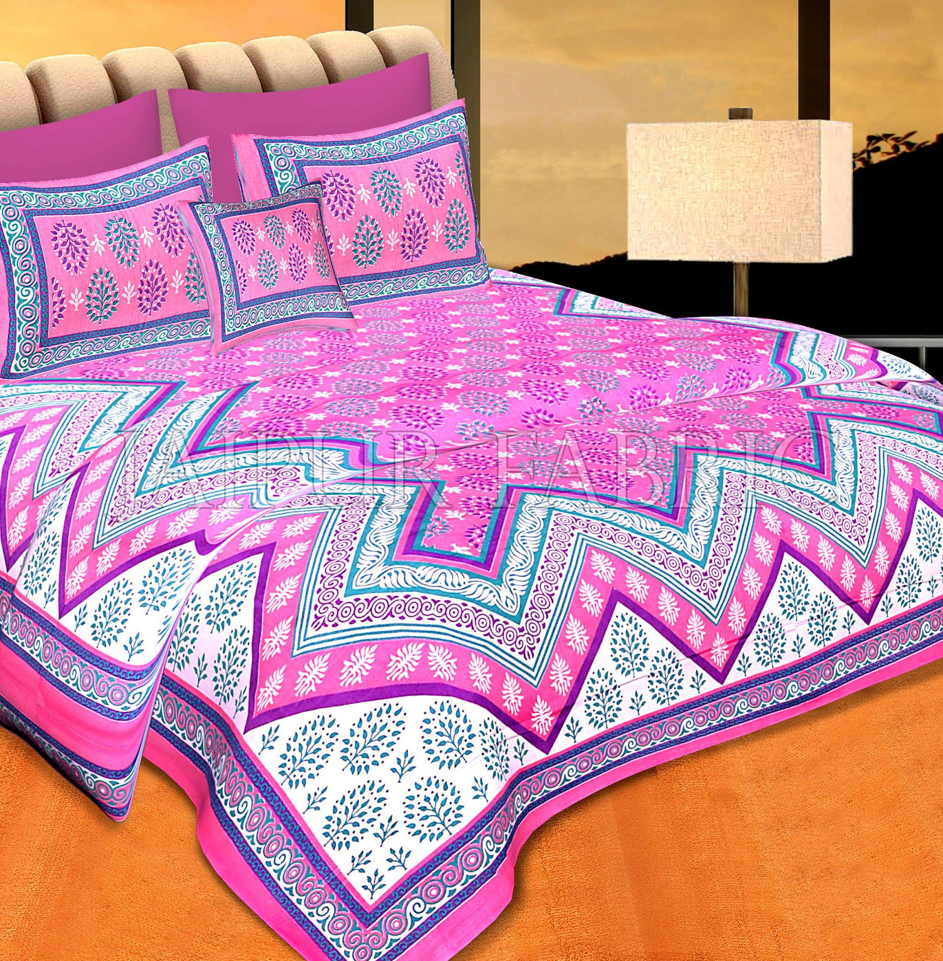 Pink Border Pink  Base Zigzag Pattern Cotton Double Bedsheet