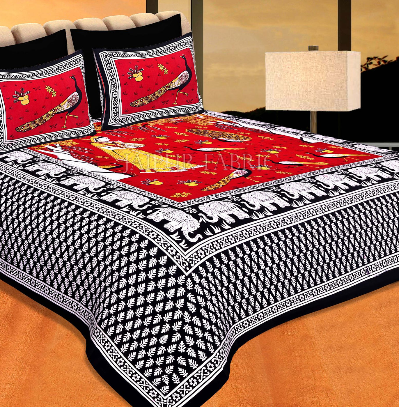 Black Border Red Base Meera With Peacocks Cotton Double Bedsheet